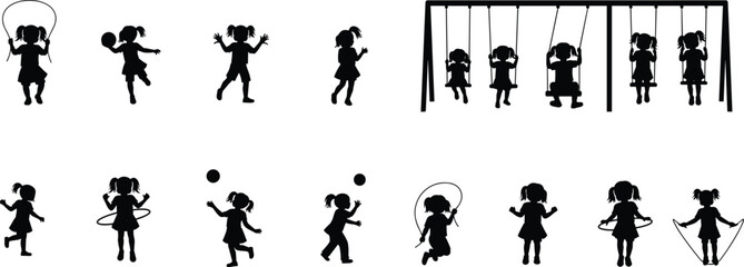 Naklejka premium Children Silhouette Set, Playground Activities, Jump Rope, Ball Play, Swing Kids, Happy Fence Park Scene, Outdoor Fun Moments, Minimal Black Vector Graphics Isolated on White