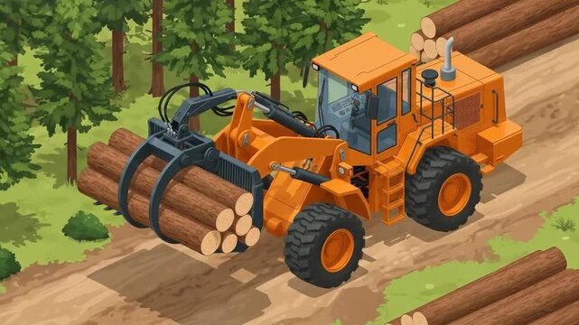 Heavy machinery transporting wooden logs on a dirt road in a forest environment