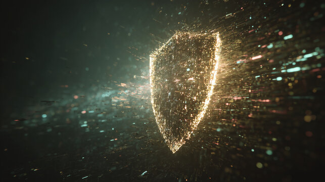 Glowing digital security shield made of moving particles symbolizing cybersecurity data protection encrypted networks firewall systems advanced digital defense and modern corporate IT safety visuals