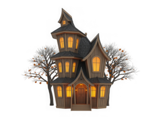 Creepy 3d rendered haunted house spooky halloween night atmosphere with glowing windows