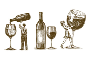 Isolated Trendy wine culture illustrations. wine lifestyle scenes sketch set with classic bottle and glass holding people. Eps 10