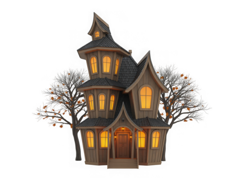 Creepy 3d rendered haunted house spooky halloween night atmosphere with glowing windows