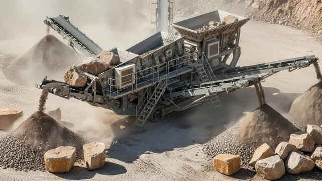 Industrial stone crusher in operation producing gravel and construction material