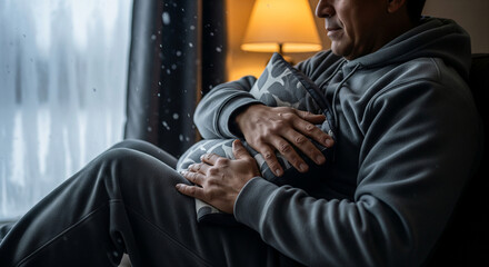 Portrait of a melancholic senior man sitting alone in a dimly lit room, gazing through a rainy window and grappling with feelings of despair and isolation