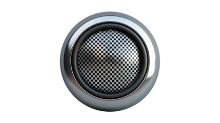 Round audio speaker with metallic grille isolated on a white background