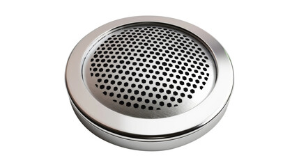 Round audio speaker with metallic grille isolated on a white background
