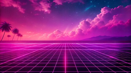 Vibrant synthwave neon landscape with glowing grid and sunset sky
