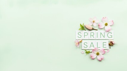 Minimal floral background design with pink flowers and spring sale text on light pastel green surface. 
