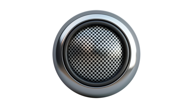 Round audio speaker with metallic grille isolated on a white background