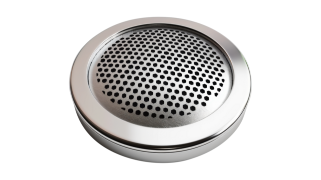 Round audio speaker with metallic grille isolated on a white background