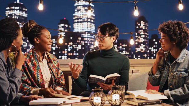 A group of friends sits outside at night, discussing a book, with city lights in the distance