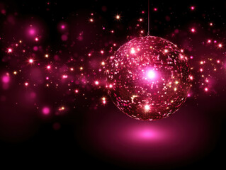 Sparkling Pink Disco Ball with Starbursts on Dark Background, Party Celebration, Dance Club, Festive Atmosphere, Glamour and Entertainment