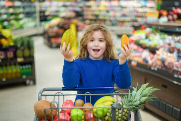 Healthy food for children. Grocery shopping with kids. Child in food store. Grocery store kid portrait with trolley. Kid buying goods at market. Fresh fruits in supermarket cart. Kid grocery shopping.
