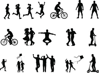 Sport and lifestyle silhouette vector set, running, cycling, dancing, jumping celebration, friends, fitness training, urban mobility, scooter, active people, 