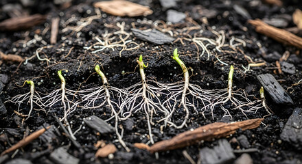 Row of Germinating Seedlings with Uniform Root Systems in Rich Soil – Sustainable and Regenerative Farming