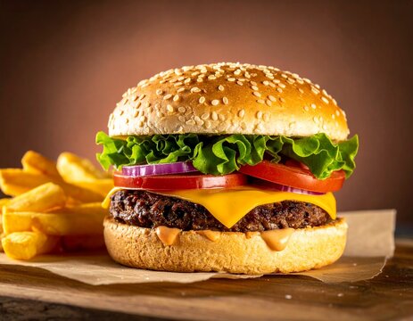 A juicy cheeseburger on a sesame bun served with fries. - Powered by Adobe
