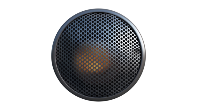 Round audio speaker with metallic grille isolated on white background