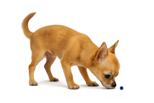 Chihuahua puppy sniffing small blue object curious transparent background