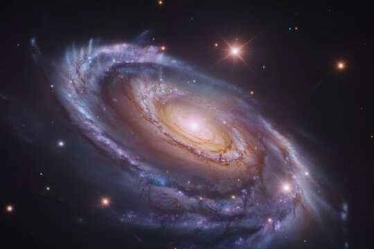 Distant spiral galaxy in deep space with glowing cosmic matter