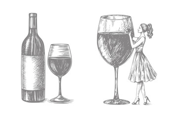 wine lifestyle culture illustration. isolated hand drawn sketch line art element with bunch of ripe grapes woman dressed in retro fashion holds wine bottle and filled wine glass. Eps 10