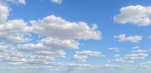 Blue sky with white clouds. Bright sunny day with clouds. Fluffy cloud in blue sky. Peaceful summer sky background. Cumulus clouds on clear sky. Natural cloudscape background.
