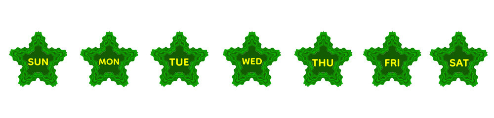 A vibrant decorative banner featuring glowing layered green stars and bold yellow “Week Mon–Sun” text, perfect for weekly planners, scheduling graphics, digital templates, promotional layouts