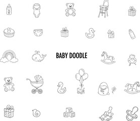 Baby doodle icons pack, nursery symbols, teddy bear, stroller, rocking horse, duck toy, high chair, milk bottle, gifts, ABC blocks, pacifier, baby shower sketch collection, minimal line art set