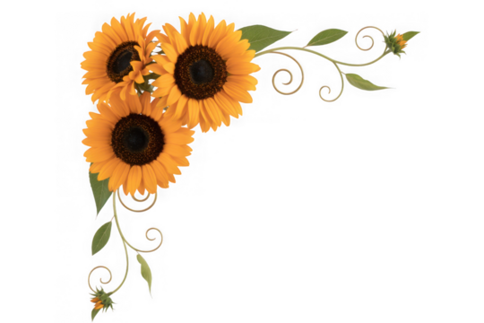 Decorative sunflower corner design with greenery and swirls for elegant accents