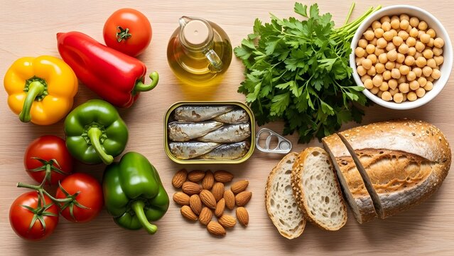 Healthy Mediterranean Diet Ingredients - Fresh Vegetables, Fish, Nuts, and Bread.