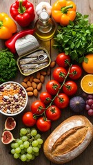 Healthy Mediterranean Diet Ingredients - Fresh Vegetables, Fruits, Legumes, Nuts, Olive Oil, and Fish.
