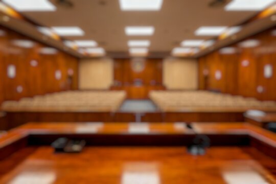 Blurred background of Minimalist courtroom interior, POV judge