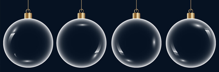 Glass bauble set. 3D transparent Christmas balls hanging for Christmas and New Year celebrations. vector illustrations