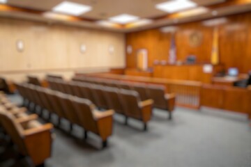 Defocused Background of Modern Courthouse Interior with Wooden Elements and Empty Seating in a Well-Lit Courtroom Setting. Blurred Background Photo.