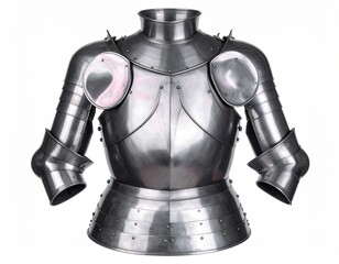 Naklejka premium Full-body suit of medieval armor. Metal breastplate, shoulder guards, and arm protection. Detailed rivets and seams. High neck. Isolated on white