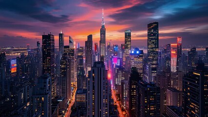 A vibrant city view at sunset with a stunning theme of colorful skyscrapers and streets captured in a fast-paced time lapse sequence. - Powered by Adobe