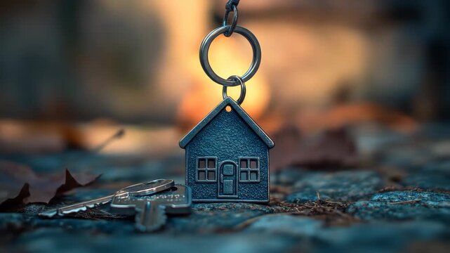 House keychain with real keys on the ground, blurry background