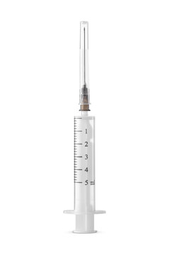 A single-use 5 ml plastic syringe with needle, isolated, showing its sterile, transparent design. Transparent PNG image.
