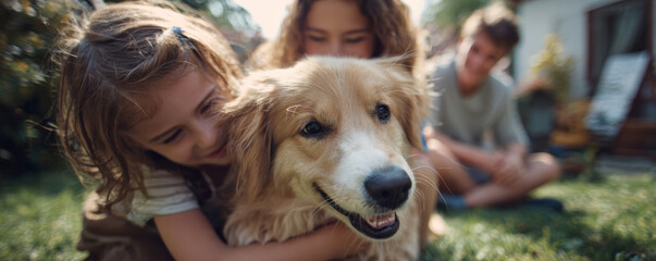 Happy child golden retriever family backyard sunlight summer cuddle smile warm bond shines in playful outdoor moment