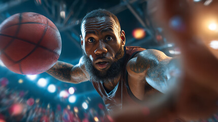 Basketball athlete dunk action court arena spotlight intensity sweat jump game competition sport hoop net ball focus motion