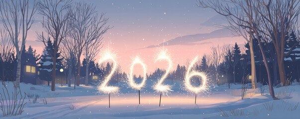 New year winter snow forest sunset sparkle celebration holiday joy glows across snowy path under pastel sky