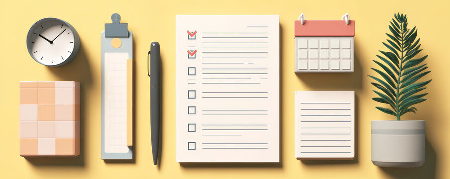 Organized desk checklist stationery calendar pen clipboard sticky note plant minimal flat lay calm focus