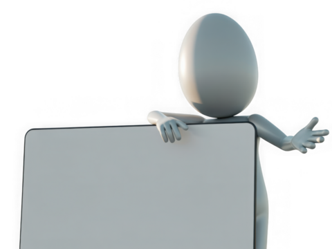 Stick figure holding a blank white board isolated on transparent background - Powered by Adobe