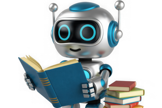 Robot reading a book isolated on transparent background