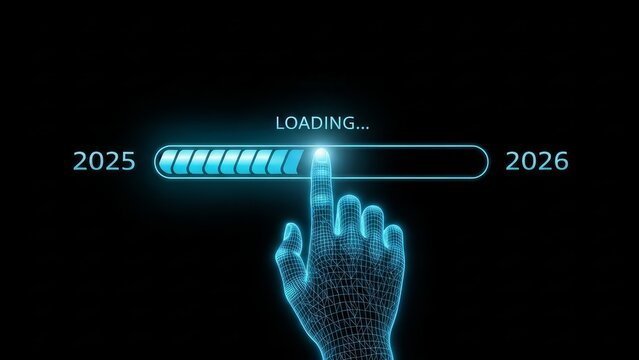 A glowing hand touching a loading bar transitioning from year 2025 to year 2026 on a black background