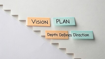 Creative Approach to Strategic Planning with Notes on Vision and Depth Defines Direction on Staircase Background