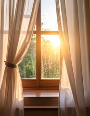 Sunny morning view through wooden window with draped curtains