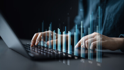 analysis, finance, investment, chart, market, profit, data, Hands typing on a laptop with floating financial charts, representing data analysis, market insights, and business decision-making.
