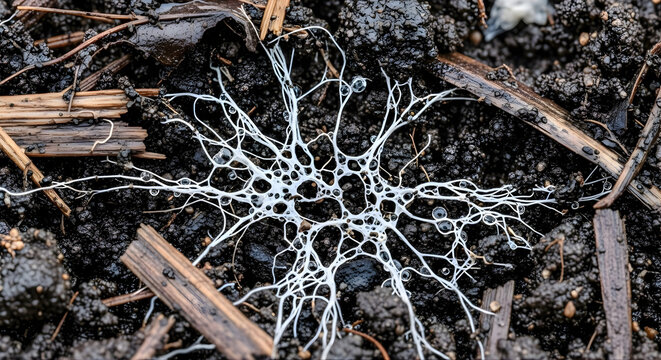 Dew-Covered Mycelial Web Spreading Across Soil Surface with Mulch &ndash; Soil Fungi and Regenerative Ecology Macro