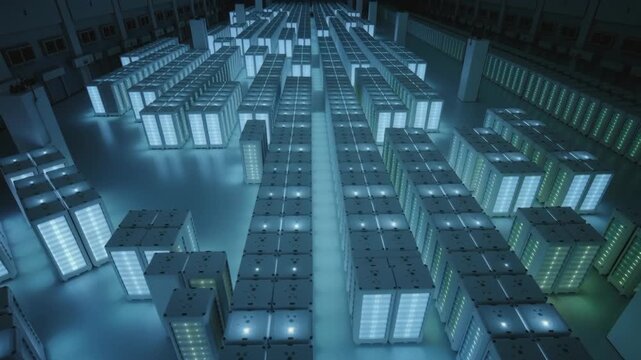 Data center server room conceptual animation for big data storage, cloud computing, and digital information network technology