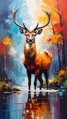 Stag portrait in vibrant autumn scene, standing in water, serene